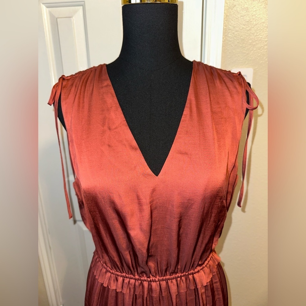 Banana Republic Satin Ruched Maxi Dress Copper Clay Size 12 NWT High-Low Hem - Picture 2 of 8